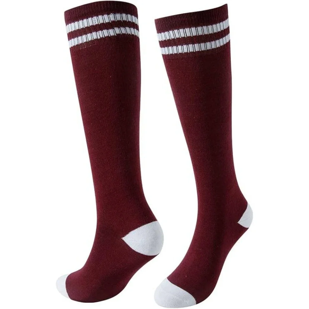Kids Knee High Socks School‎ Uniform Sport Stripe Cuff Burgundy White 6-10YR